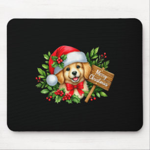 Merry Christmas Puppy Santa Hat Holly Sign Premium Mouse Mat