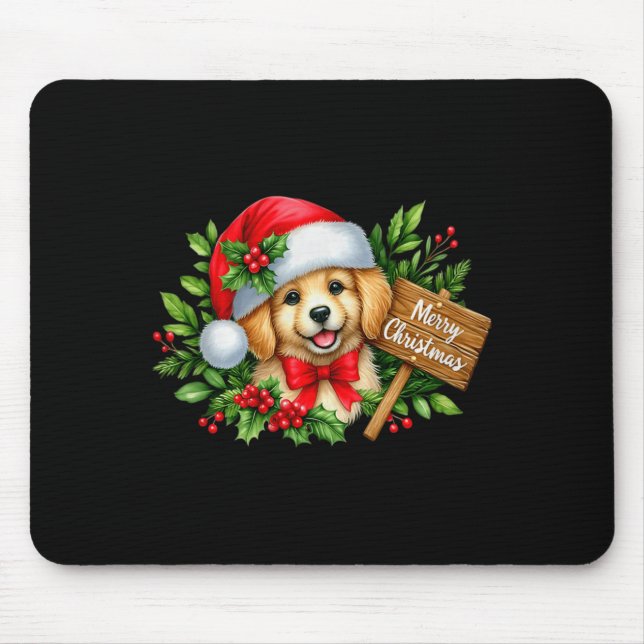 Merry Christmas Puppy Santa Hat Holly Sign Premium Mouse Mat (Front)