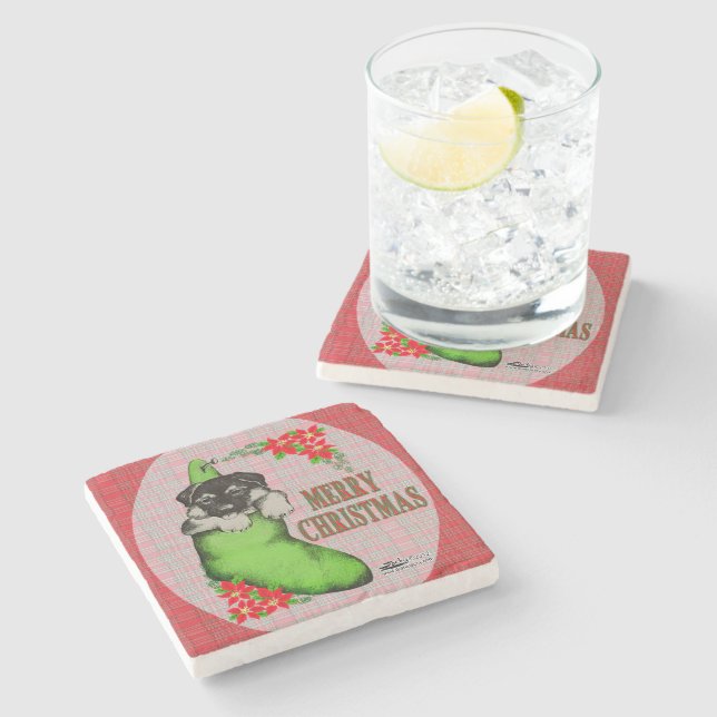Merry Christmas Puppy Stone Coaster (Side)