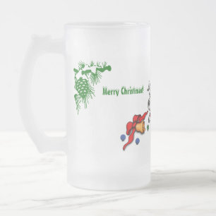 Merry Christmas! Puppy with Bell and Ball Frosted Glass Beer Mug