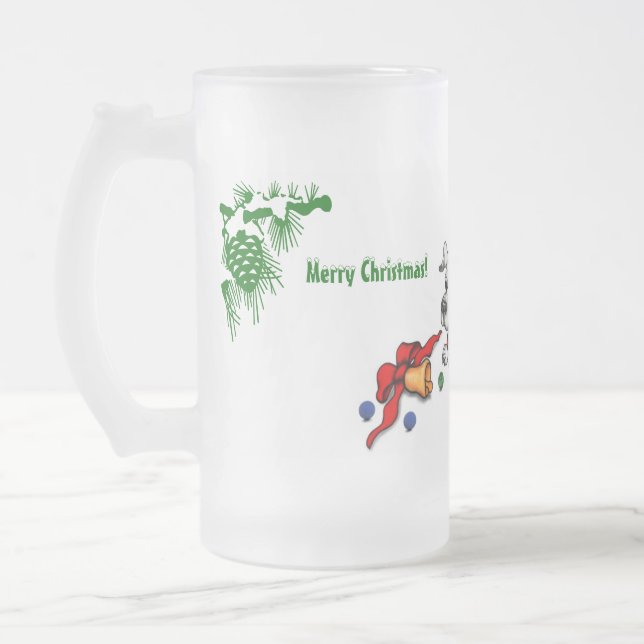 Merry Christmas! Puppy with Bell and Ball Frosted Glass Beer Mug (Left)