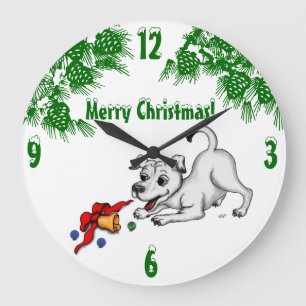 Merry Christmas! Puppy with Bell and Ball Large Clock