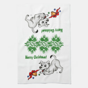 Merry Christmas! Puppy with Bell and Ball Tea Towel
