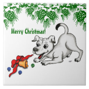 Merry Christmas! Puppy with Bell and Ball Tile