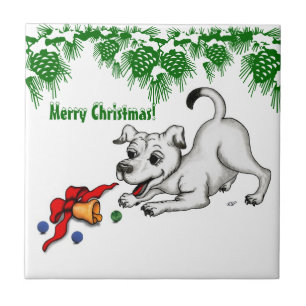 Merry Christmas! Puppy with Bell and Ball Tile