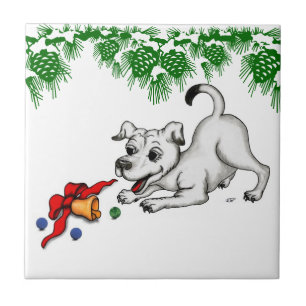 Merry Christmas! Puppy with Bell and Ball Tile