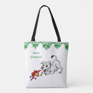Merry Christmas! Puppy with Bell and Ball Tote Bag