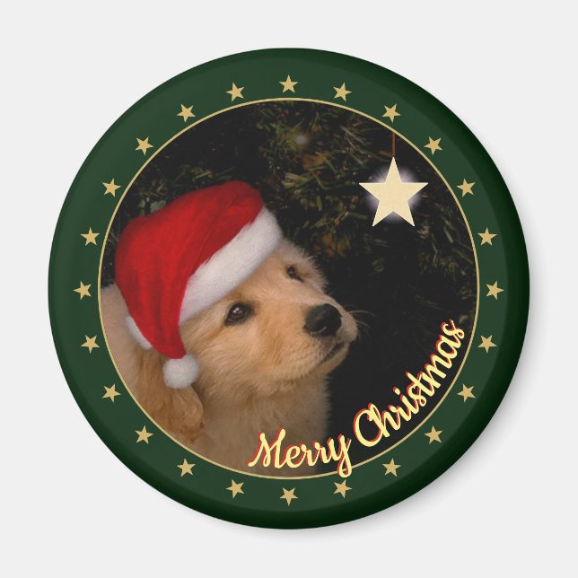 "Merry Christmas" Puppy with Santa Hat Magnet (Front)
