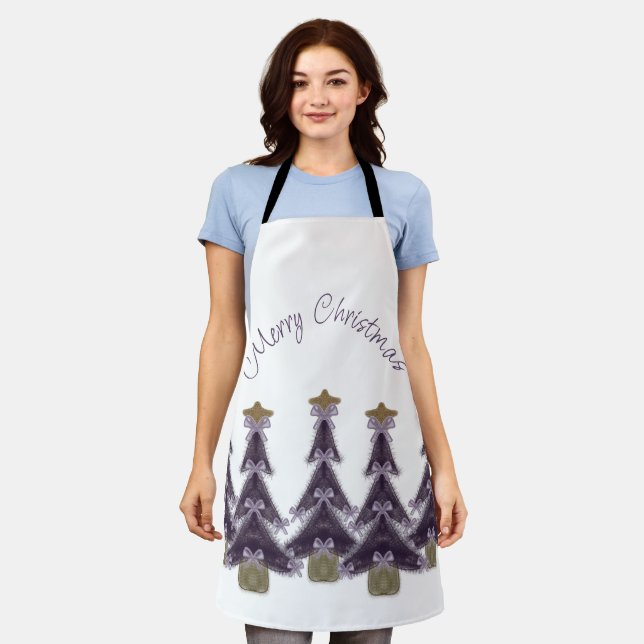 Merry Christmas Purple Bows Ribbons Gold Star Tree Apron (Worn)