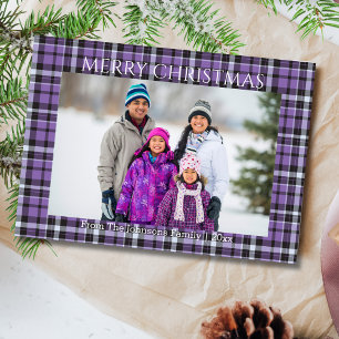 merry christmas purple chic tartan family photo    holiday card