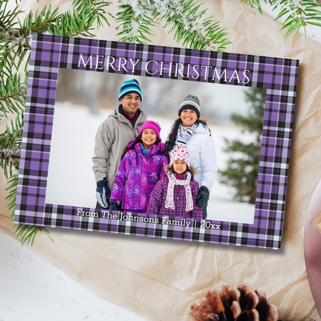 merry christmas purple chic tartan family photo    holiday card (Creator Uploaded)
