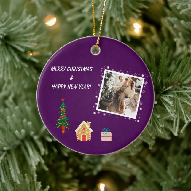 Merry Christmas Purple Family Photo  Ceramic Tree Decoration (Tree)