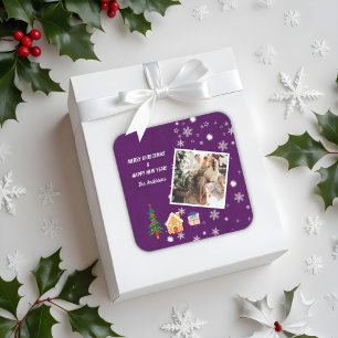 Merry Christmas Purple Family Photo  Square Sticker