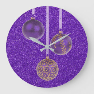 Merry Christmas Purple Glitter Baubles Elegant Large Clock