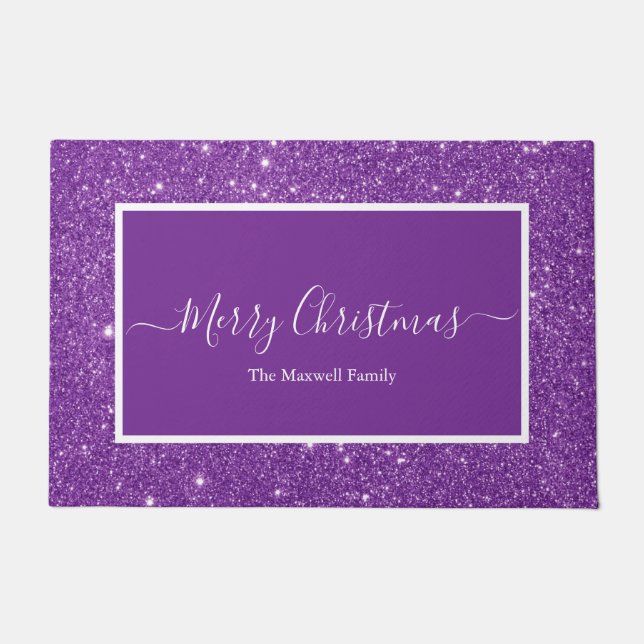 Merry Christmas purple glitter script family name  Doormat (Front)