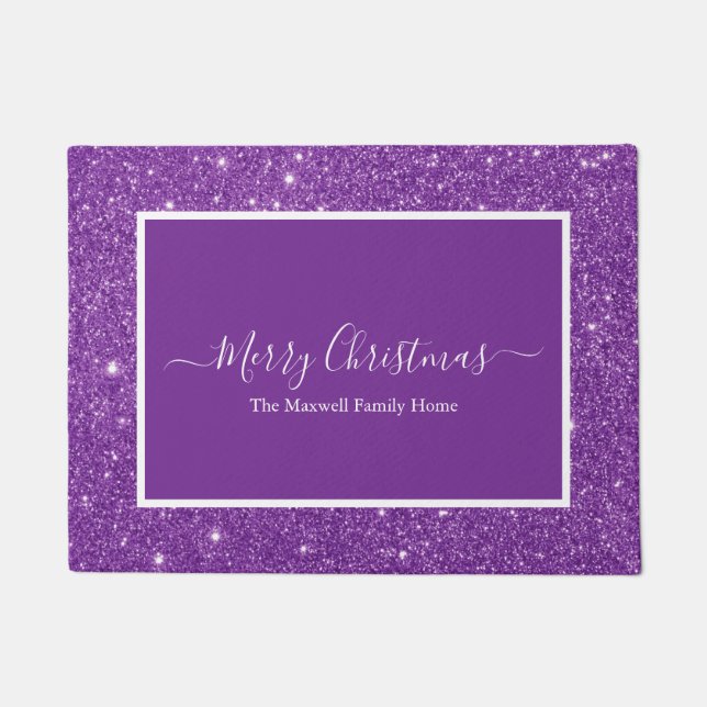 Merry Christmas purple glitter white family name Doormat (Front)