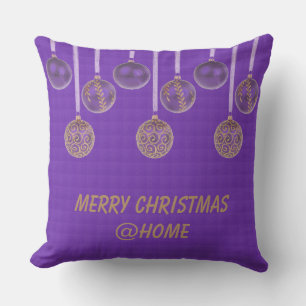 Merry Christmas Purple Gold Glitter Baubles Text Cushion