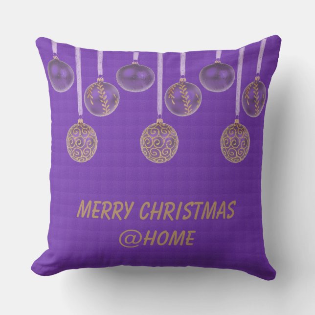 Merry Christmas Purple Gold Glitter Baubles Text Cushion (Front)