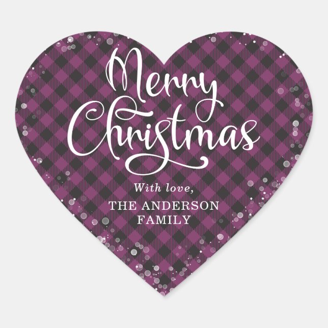 Merry Christmas Purple Plaid Calligraphy Snow Heart Sticker (Front)