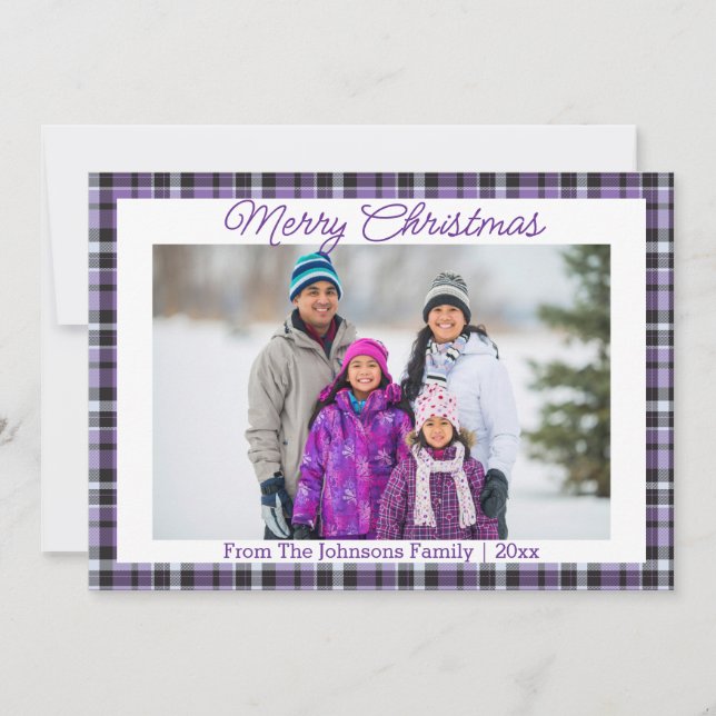 merry christmas purple tartan family photo    holiday card (Front)