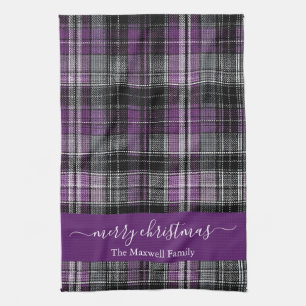 Merry Christmas purple tartan plaid script name Tea Towel