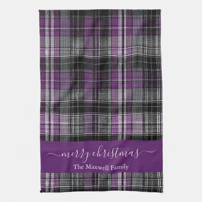 Merry Christmas purple tartan plaid script name Tea Towel (Vertical)