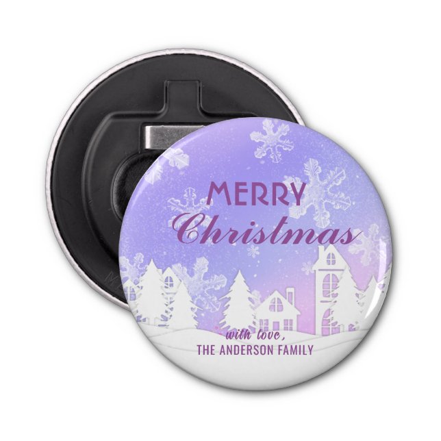 Merry Christmas Purple White House Snowflakes  Bottle Opener (Front)
