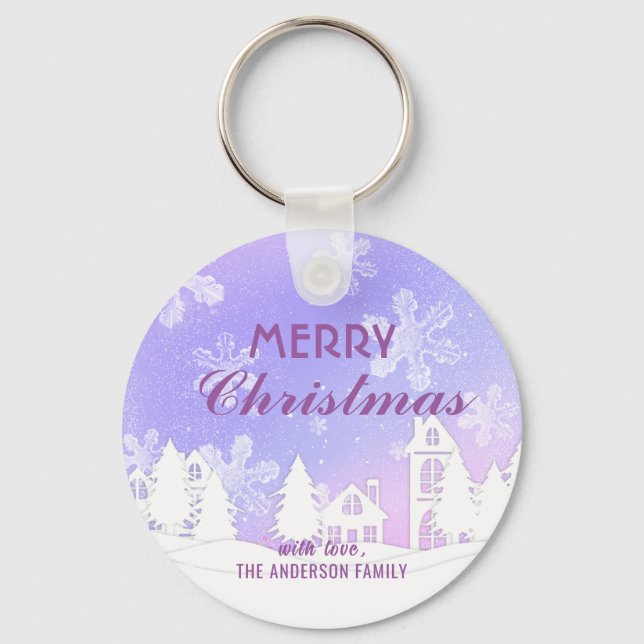 Merry Christmas Purple White House Snowflakes  Key Ring (Front)