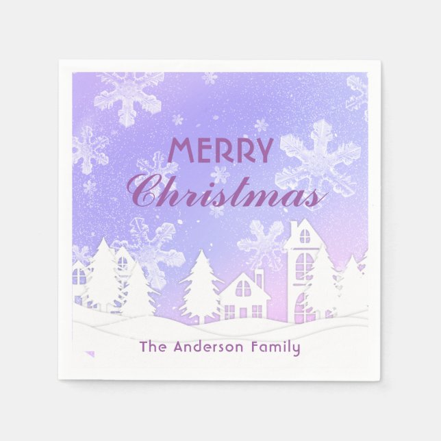 Merry Christmas Purple White House Snowflakes  Napkin (Front)