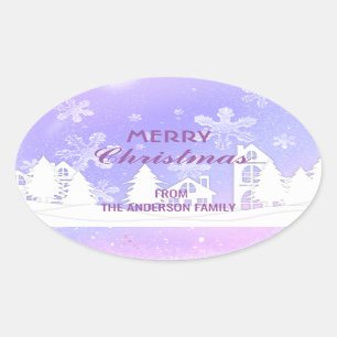Merry Christmas Purple White House Snowflakes Oval Sticker