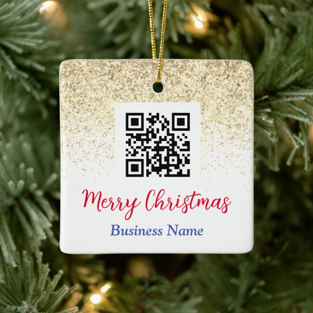 Merry Christmas QR Code Business Name Gold Glitter Ceramic Ornament (Tree)