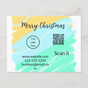 Merry Christmas QR code business yellow green wate Holiday Postcard