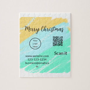 Merry Christmas QR code business yellow green wate Jigsaw Puzzle