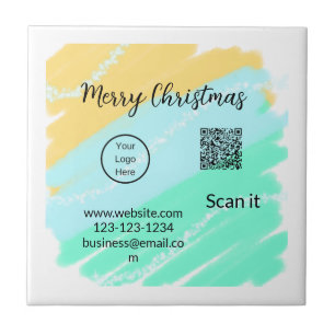 Merry Christmas QR code business yellow green wate Tile