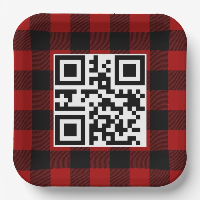 Merry Christmas QR Code On Buffalo Plaid Paper Plate (Front)