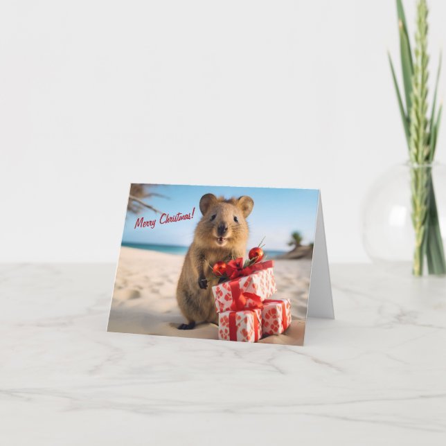 Merry Christmas Quokka on the Beach with Presents Card (Front)