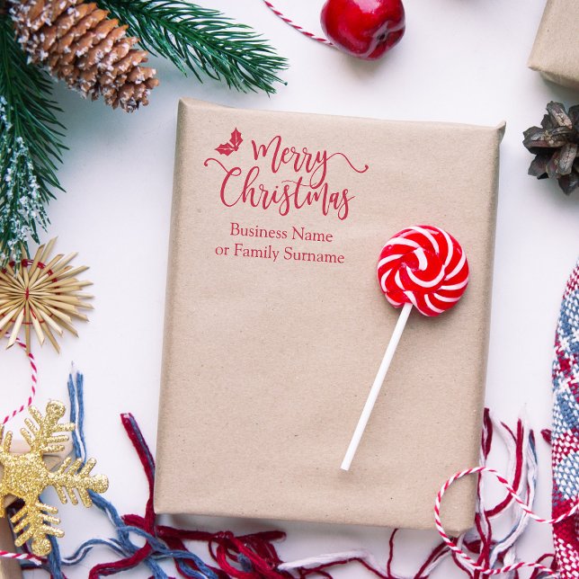 Merry Christmas Quote Typography & Holly Branches Rubber Stamp (Creator Uploaded)