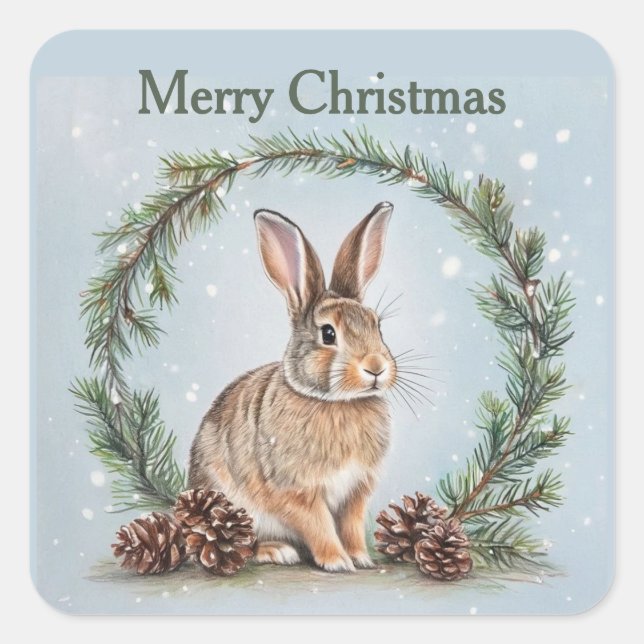 Merry Christmas Rabbit and Pine Square Sticker (Front)