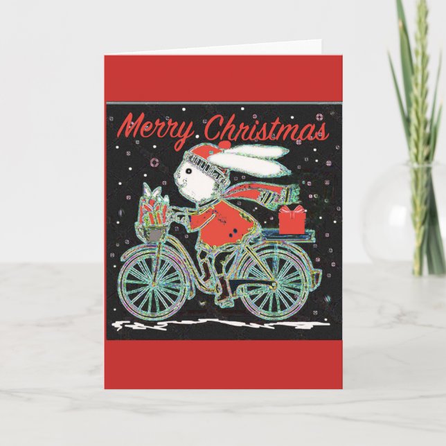 Merry Christmas Rabbit on a Bicycle - Cycling Chri Holiday Card (Front)