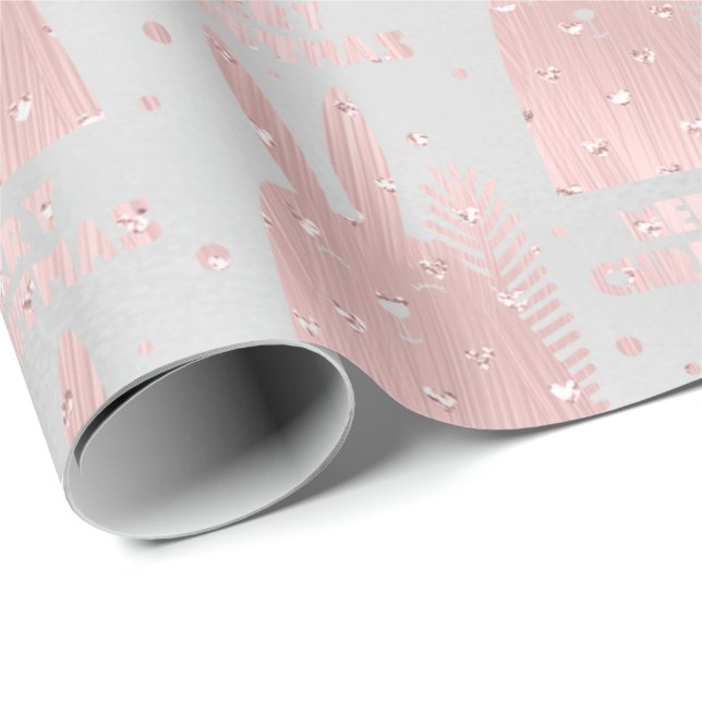 Merry Christmas Rabbit Pink Blush Hearts Silver Wrapping Paper (Roll Corner)