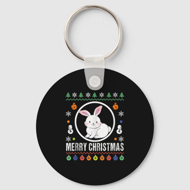 Merry Christmas Rabbit Ugly Sweater Xmas Knit Tank Key Ring (Front)