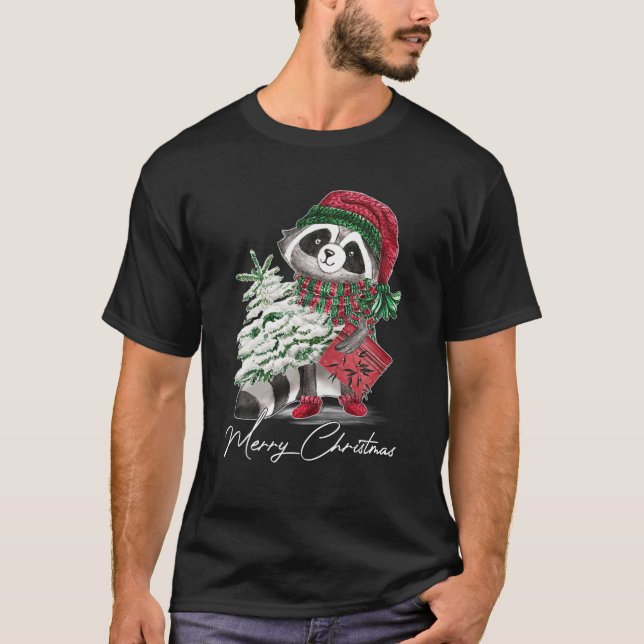 Merry Christmas Raccoon Lover Santa Hat Scarf Chri T-Shirt (Front)