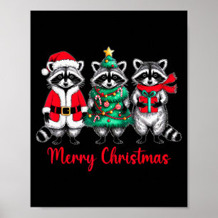 Merry Christmas Raccoon Santa Hat Xmas Animal Racc Poster