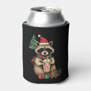 Merry Christmas Racoon Boba Tea Santa Hat Xmas Can Cooler
