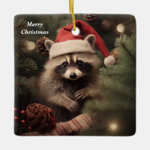 Merry Christmas Racoon Ceramic Ornament