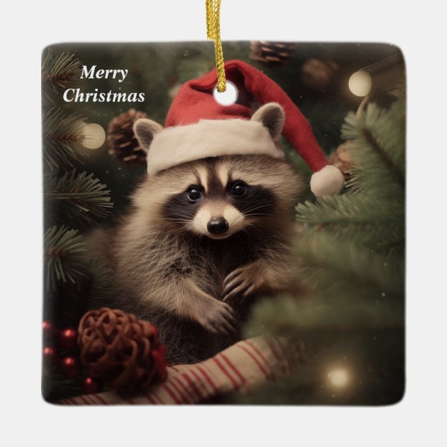 Merry Christmas Racoon Ceramic Ornament (Front)