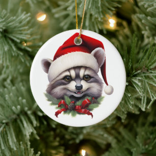 Merry Christmas Racoon in Santa Hat Holly Berries Ceramic Tree Decoration