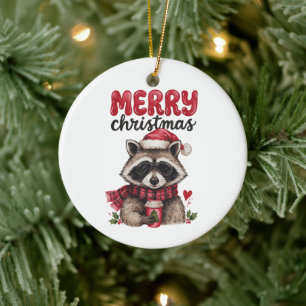 Merry Christmas Racoon Santa Hat Coffee Plaid Ceramic Tree Decoration