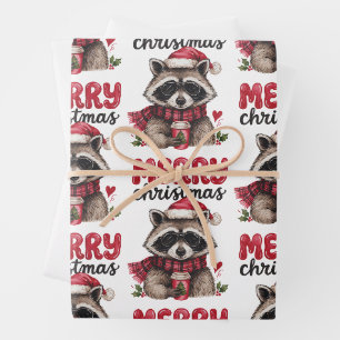 Merry Christmas Racoon Santa Hat Coffee Plaid Wrapping Paper Sheet