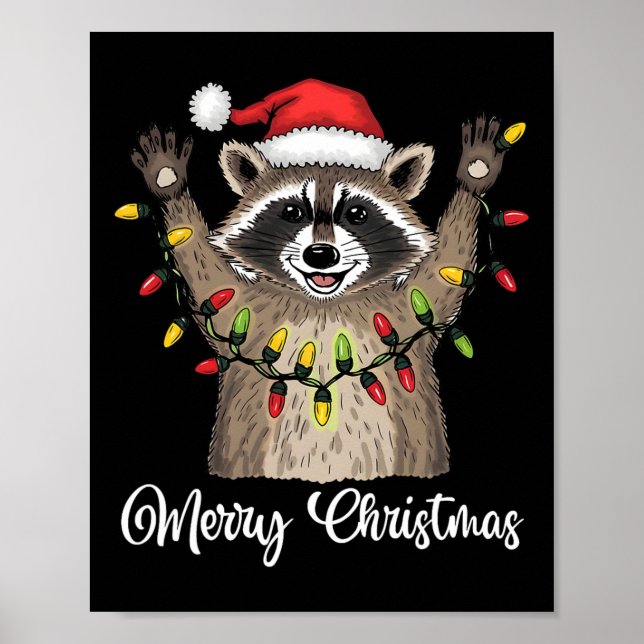 Merry Christmas Racoon Santa Hat Xmas Light Pjs M Poster (Front)